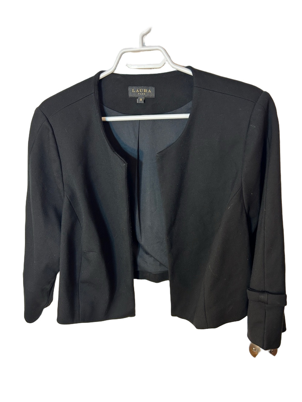 Laura Black Collarless Cropped Open-Front Blazer size 18 bows